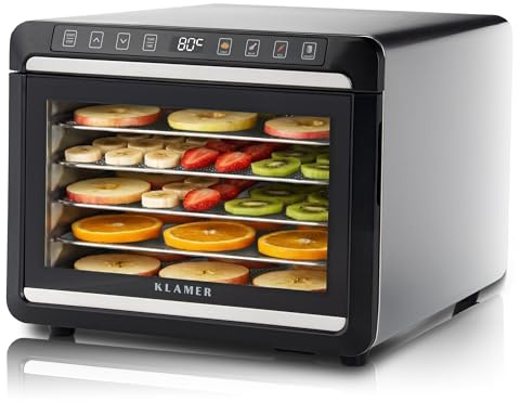 KLAMER Dörrautomat Edelstahl 500 W, 24h-Timer, Temperaturregler 35-80 Grad | Touch-Steuerung mit Anzeige für Temperatur und Restlaufzeit. Die Abschaltautomatik sichert auch nächtliches Trocknen ab