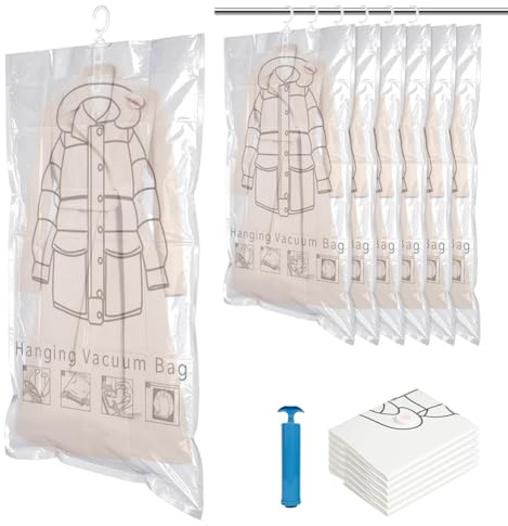 Hängende Vakuumbeutel, 6 Stück Vakuumbeutels für Kleidung mit Haken, Vakuumbeutel zum Aufhängen für Anzüge, Kleider, Mäntel oder Jacken, Transparenter Wiederverwendbarer Schrank-Organizer 110x70cm
