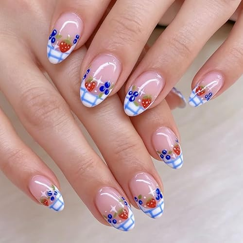 Fruits French Tips Press on Nails Short Almond Fake Nails Cute Strawberry False Nail Design Spring Summer Fruits Glossy Acrylic Nails for Women Girls DIY Manicure Decoration 24Pcs
