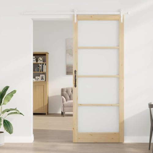 Puerta corredera natural 93 x 232 cm madera maciza pino | Con cristal, para interiores, kit de riel y rodillos incluido, montaje con destornillador, 36 kg