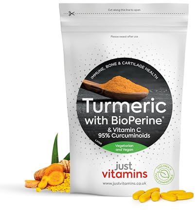 Turmeric Tablets | 12,500mg + Black Pepper BioPerine®, 475mg Curcuminoids & Vitamin C | 120 Vegan Tablets | Joint, Inflammation & Immune Support | UK Made - Just Vitamins