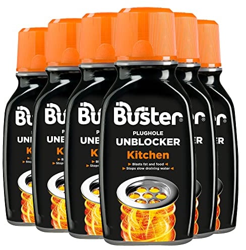 Buster Kitchen Plughole Unblocker 150g, Pack of 6 - Kitchen Drains & Sinks Unblocker, Blasts Fat & Food Debris – Fast Acting Plughole Unclogger, Clears Blockages & Slow-Draining Water