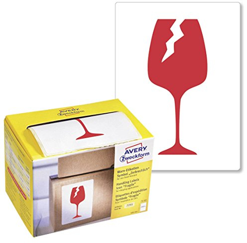 AVERY Zweckform Warnetiketten 7251 Symbol: Vorsicht zerbrechlich (200 Etiketten auf Rolle im Kartonspender, 78 x 100 mm, selbstklebend, nutzbar für Versand, Umzug, auch international ) leuchtrot