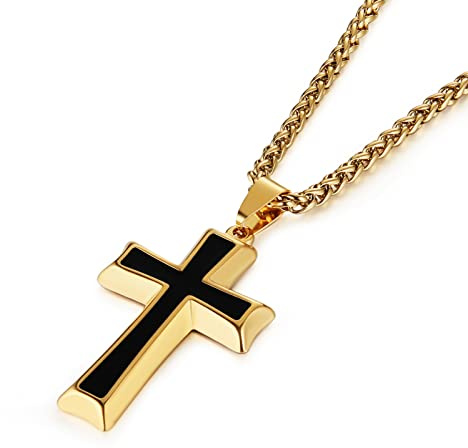 HZMAN Herren Edelstahl Kreuz Anhänger Halskette Schmuck Geschenk mit Weizenkette (Gold)