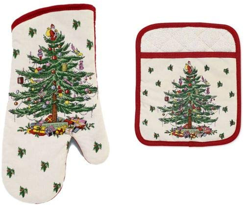Spode Christmas Tree Oven Mitt and Pot Holder Set