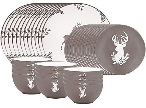36 Piece Grey Reindeer Stoneware Dinner Set - Dishwasher Microwave Safe
