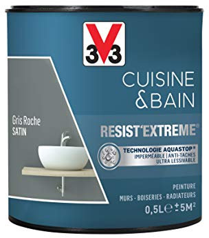 V33 Peinture multi-supports monocouche Cuisine & Bain Resist'Extrême® Satin, Gris Roche, 0,5L