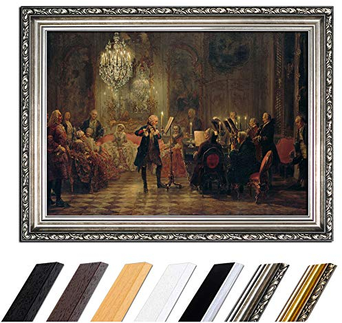 Bild mit Rahmen - Adolph von Menzel Flötenkonzert Friedrichs des Großen in Sanssouci 110x85 cm - Gerahmtes Leinwandbild Alte Meister - Antiker Rahmen Silber Barock, Klassisch