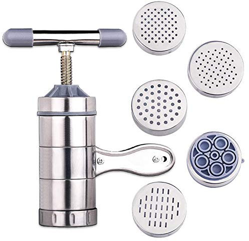 Hovico Press Pasta Machine,Stainless Steel Manual Noodles,5 Interchangeable Discs for Fine,Professional Fresh Pasta Machine Lasagne Spaghetti Tagliatelle Ravioli Maker with