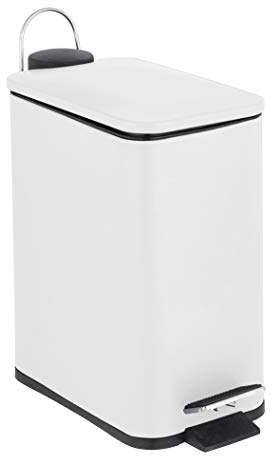 Optimal Products 5L Pedal Bin Slim Lid Soft Close Brush Holder Home Office Waste Paper Dustbin (5L WHITE BIN ONLY)
