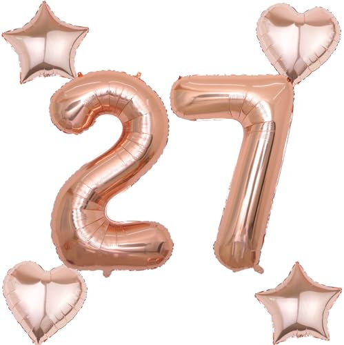 2 Luftballons Zahl 27 rosegold+4 pcs herz/stern Folienballon 27 .Geburtstag Deko frau rosegold,40 Luftballons 27 .geburtstagsdeko frauen 27 jahre,ballon 27. geburtstag deko frau (rosegold 27)