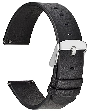 WOCCI 18mm Dünne Flache Leder Uhrenarmband für Smartwatch mit Silberner Schnalle (Schwarz)