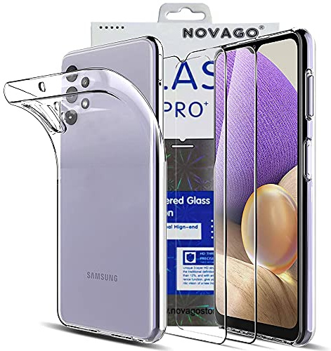 NOVAGO Compatible avec Samsung Galaxy A32 5G -Pack Complet- Coque arrière Résistante et Transparente + 2 Films vitre Protection écran Verre trempé