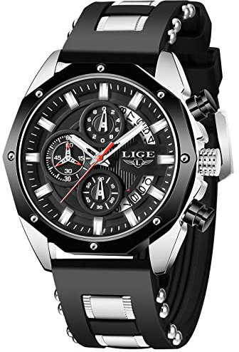 LIGE Herren-Armbanduhr, modisch, Chronograph, Edelstahl, wasserdicht, analog, Quarz, Leuchtend, großes Zifferblatt, Sport, klassisch, Uhr, Schwarz/silberfarben, 8.07, Klassisch
