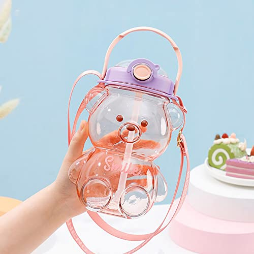 LYEAA Bouteille d'eau de 1 400 ml avec paille - Motif ours mignon - Bouteille d'eau étanche avec paille - Tasse pour sports de plein air - Bouilloire avec sangle pour garçons et filles (rose clair)
