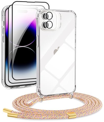 [5 in 1] 1*Handykette Set für iPhone 12 Mini Hülle mit Band + 1*Transparent Schutzhülle+2*Schutzfolie+1*kameraschutz Glas, Abnehmbar Necklace Stylische Handyhülle zum Umhängen Kordel Case-Rainbow