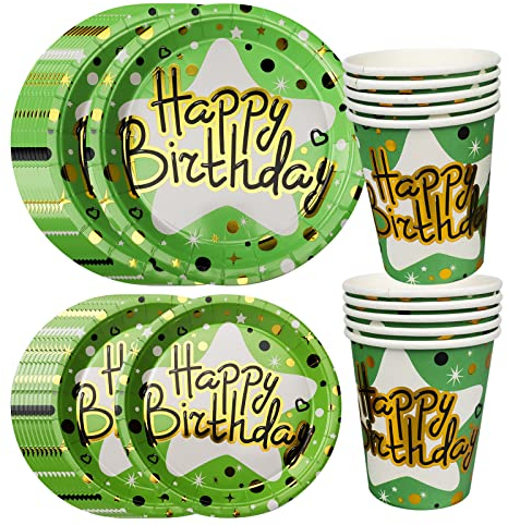 Happy Birthday Partygeschirr Set, 30Pcs Grün Gold Geburtstag Pappteller, Pappbecher Pappteller Happy Birthday Teller, für Junge Mädchen Kindergeburtstag Babyparty Tischdeko Party Deko (Grün)
