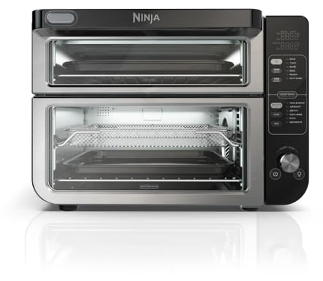 Ninja DCT401 Horno doble 12 en 1 con FlexDoor, FlavorSeal y acabado inteligente, convección rápida y fondo de freír de aire, cocinar, tostar, tostadas, freír al aire, pizza y más, acero