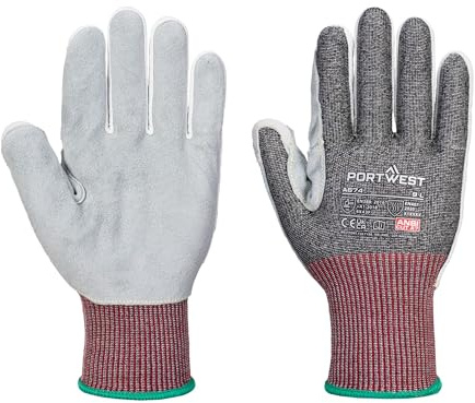 Portwest A674 CS Cut F13 Leather Glove Reflective 13 Gauge | Black, Large, EN ISO 21420 Dexterity 4, CE Certified, EN 407, Short Leg, Nylon Elastane, Construction