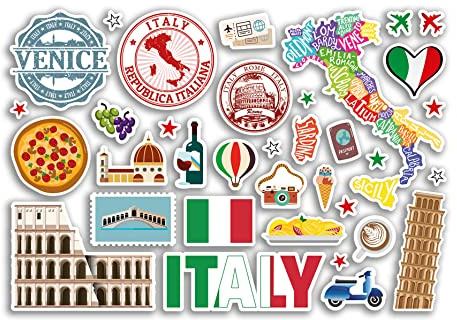 A5 Aufkleberbogen Italien Sehenswürdigkeiten Vinyl Aufkleber – Italienische Rom Karte Flughafenstempel Skyline Flagge Reise Urlaub Land Stadt Ästhetik #80294