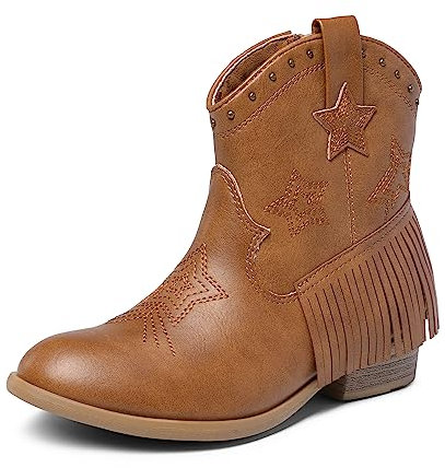 DREAM PAIRS Kids Stivaletti Western Cowboy Ragazze Scarpe Equitazione Cerniera Laterale e Nappa per Bambini Piccoli/Grandi Stivali,Size 28,Cammello,SDBO2302K