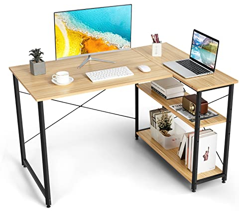 COSTWAY Schreibtisch L-Form, Computertisch mit Regal rechts oder Links, Eckschreibtisch mit Ablagefächern, Ecktisch Bürotisch für Heimbüro, kleine Räume, 120 x 88 x 74,5 cm (Natur)