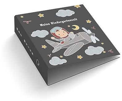 Ringordner | Ordner | mit Name personalisiert | Kleiner Pilot | Flugzeug | Mit Griffloch | für DIN A4 | 7,4 cm breit | Junge | Meine Kindergartenzeit