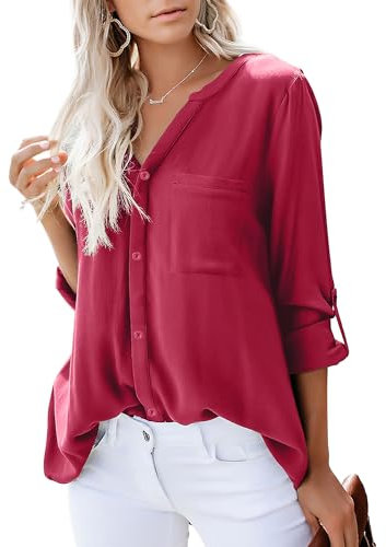 Dordanity Damen Bluse Elegant V-Ausschnitt Hemd Langarm Casual Arbeit Einfarbig Button Down Lose Langarmshirt Oberteile Tops (Large,Rot)