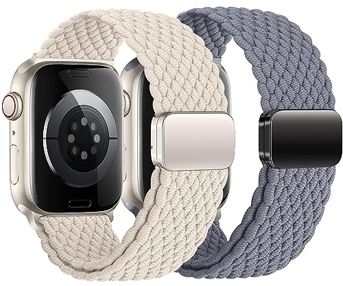 2ST Geflochtens Solo Loop für Apple Watch Armband 40mm 41mm 38mm 45mm 44mm 42mm 46mm Ultra/2 49mm Herren/Damen,Magnet Dehnbarer Nylon Band für die iWatch Armbänder series 10 9 8 7 6 5 4 3 2 se 2nd