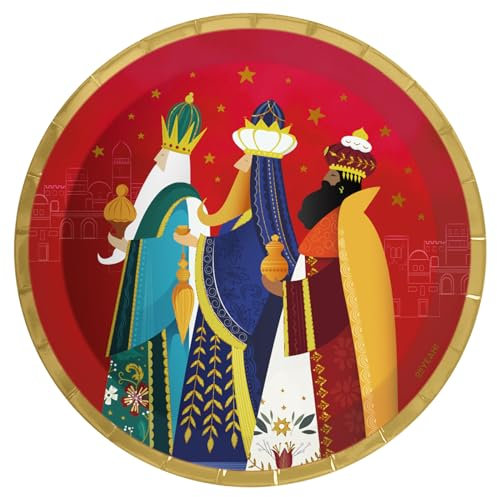 OH YEAH - 8 Unidades Plato Postre Reyes Magos Cartón Desechable Ø 17 cm - Decoración Temática Navideña de la Noche de Reyes Magos - Diseño Festivo Navideño - Celebración Noche de Reyes