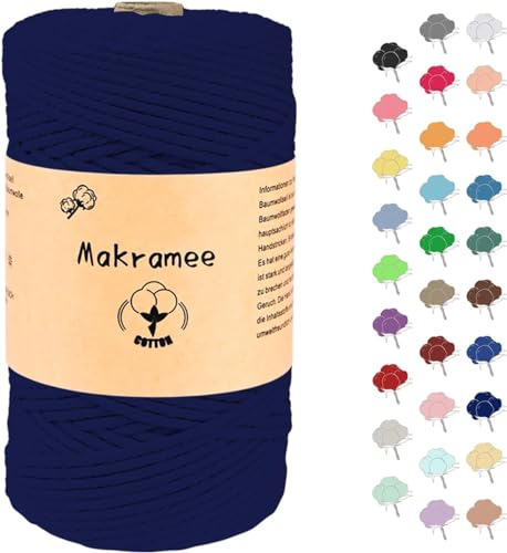 Uvolo 3mmx200m Makramee Garn, Baumwollgarn, Macrame Kordel für Basteln, Pflanzenbügel-Dunkelblau