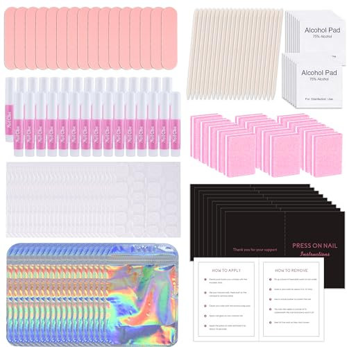 50 Set Press On Nail Tool Prep Kit for Salon Business, Disposable Manicure Kit with Nail File, Buffer, Glue, Prep Pad, Instruction Card, Adhesive Tabs, Wood Stick, Holographic Bag