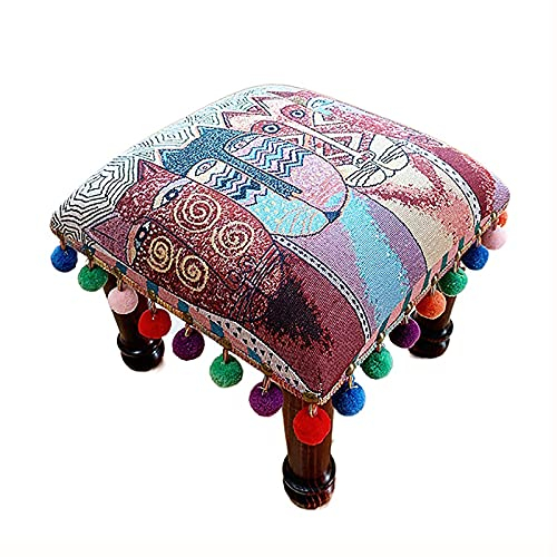 GArcan Bohemia Ottoman-Fußhocker aus Holz mit Quasten, Couchhocker mit gepolstertem Sitz für Wohnzimmer, Schlafzimmer, Eingangsbereich, Flur, B, 36 x 36 x 30 cm (14 x 14 x 12 Zoll)