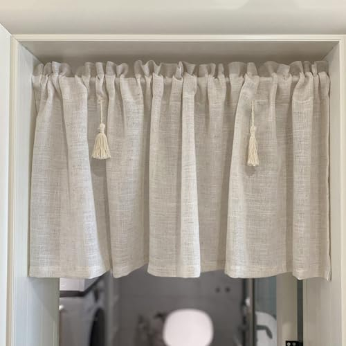 Ricemru Leinenoptik Scheibengardine Halbtransparent Kurz Landhausstil Bistrogardinen Französischer Kurzvorhang Kleine Vorhang Küchenvorhang Küchegardine mit Quaste,200x40cm