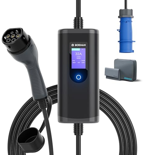 Bokman EV Charger 7kW Type 2 to CEE Plug, 5 Meters | 1 Phase | 6A-32A | IP65 Waterproof Electric Car Charging Cable with LED Display and Commando Plug