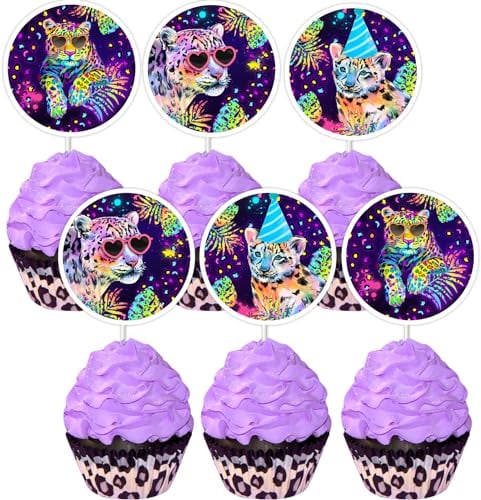 Cheereveal Rainbow Cheetah Cake Topper, 36 Pieces, Premium Paper, Jungle Safari Animal Birthday Party Decorations, Multi-color