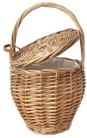 UPTALY 1 Stück Natürliche Weidengeflecht Handtasche mit Deckel (20 x 34 cm), Handarbeit, Retro-Eimertasche mit Abdeckung, runder Blumenkorb, hängende Pflanzgefäße, Rattan-Tragetasche für Frauen