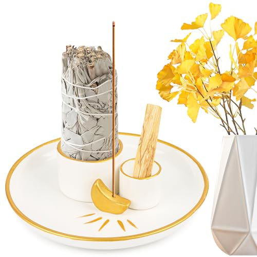 Soporte para varillas de incienso, diseño de luna 4 en 1, cuenco de incienso de Palo Santo de cerámica, soporte para incienso, palo santo, madera de incienso, ahumado de salvia, accesorios de