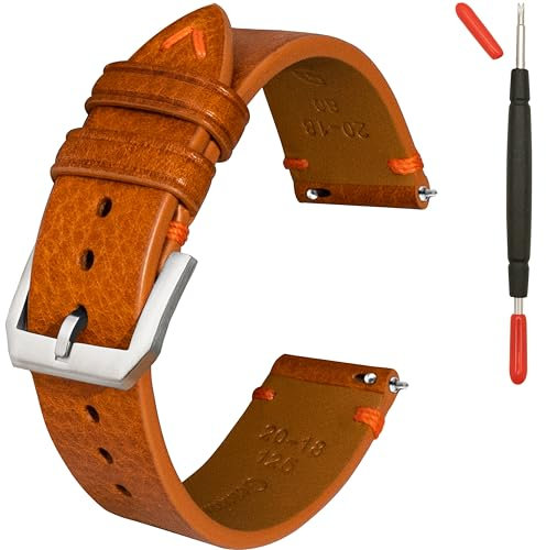 Quick Release Lederarmband, Öl Wachs Leder Uhrenarmbänder, Italienische Kalbsleder Uhrenarmbänder Ersatzband für Männer Frauen 16 18 19 20 21 22mm (20mm, Braun/Silberne Schnalle/Orange Kordel)