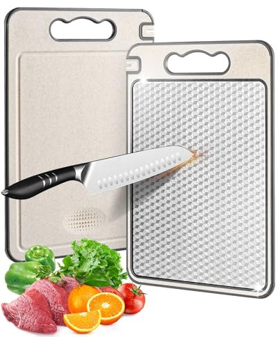 Tabla de cortar de acero inoxidable para cocina, diseño de malla antideslizante de doble cara resistente a los arañazos con ranura para jugo, paja de trigo de grado alimenticio, tabla de cortar grande