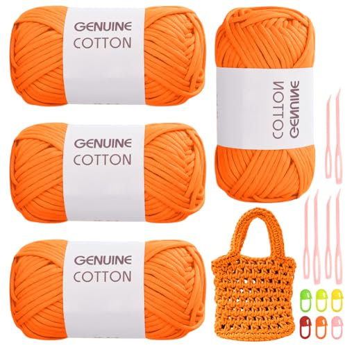 RANJIMA Orangefarbenes Garn, 4 Stück Einfach Garn, Häkelgarn für Anfänger, Gut Sichtbare Maschen Garns Zum Häkeln mit Häkelzubehör, Baumwoll-Nylon-Garns für Kleidung, Decken, Taschen, Pullover