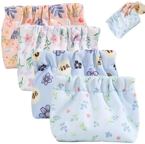 Pesoncarl Portable Mini Storage Bag for Purse,4Pcs 5 x 5 Cute Mini Storage Bags, Mini Makeup Bag Built in Shrapnel, No Zipper Self-Closing Makeup Bags for Women & Girls