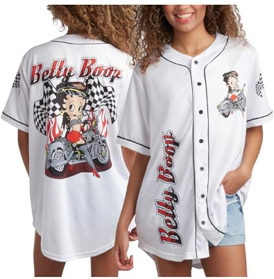Betty Boop Baseball-Trikot für Damen, Vintage-Stil, Button-Down-Uniform-Top, Retro-Trikot, T-Shirt für Frauen (S-XL), Betty Boop Motorrad, Mittel