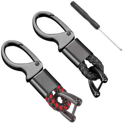 Thapncow 2 Stück Auto Schlüsselanhänger, D-Clip Karabiner, Schlüsselanhänger Geflochten, Schlüsselanhänger aus Zinklegierung, für Auto, Motorrad und Haus-Schlüssel, Schwarz und Rot