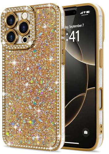 Lafunda for iPhone 16 Pro Max Case for Women Girls, Luxury Bling Glitter Diamonds Crystal Festival Shiny Case Camera Protection Shockproof Silicone TPU Phone Cover for iPhone 16 Pro Max 6.9, Gold