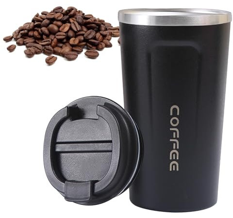 Taza térmica de acero inoxidable, taza de viaje de doble pared, taza de café, bebidas, termo aislado al vacío para café frío y caliente, con tapa a prueba de fugas (negro/500 ml)
