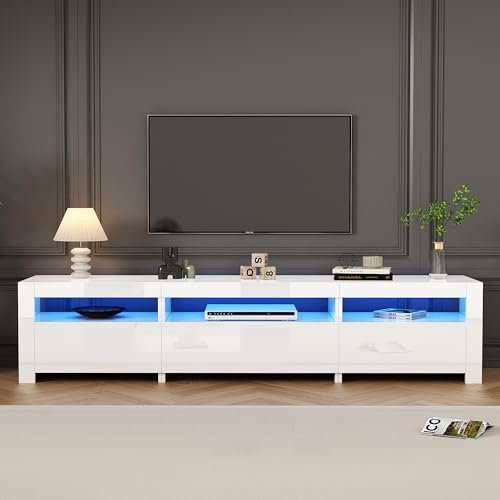 Jaxenor 195cm Hochglanz TV Lowboard mit LED Beleuchtung und Stauraum, Moderner Fernsehschrank TV Board für 80 Zoll TV für Wohnzimmer, Herunterklappbarer Schranktür, Weiß