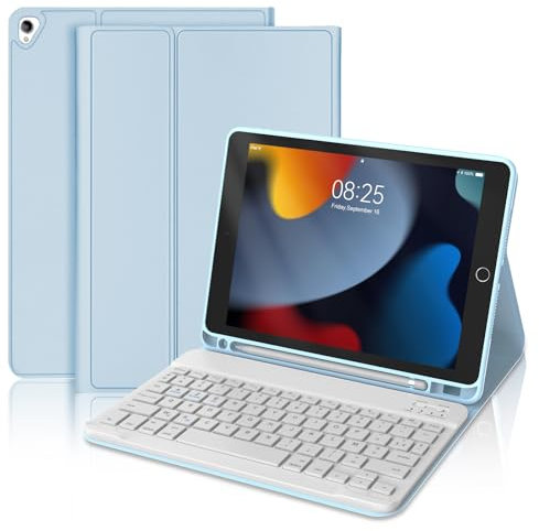 Clavier Coque pour iPad 9ème/8ème/7ème Génération 2021/2020/2019 10.2”/iPad Air 3 10.5 2019/iPad Pro 10.5, AZERTY Français Magnétique Amovible Clavier Bluetooth Etui avec Porte Crayon, Bleu ciel