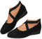 Elegant Solid Color Elastic Strap Low Wedge Shoes,Closed Orthopedic Arch Support Suede Ballet Flats for Women,Comfortable Vintage Slip on Loafers for Women (Black,8.5)
