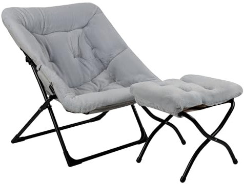 Mordchil HF Chaise soucoupe pliante avec ottoman, chaise de lecture et repose-pieds en fausse fourrure, chaises de salon pour salon, chambre à coucher, dortoir, gris